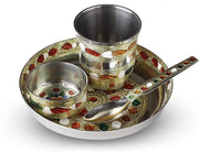 Crafts of India Meenakari Bhog Thali Set for Kanha Thakur ji Indian Hindu God Rituals Puja Plate. Set of 4 Pieces, (Plate, Katori, Glass, Spoon)