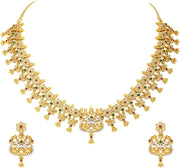 Aheli Beautiful Wedding Wear Indian Laxmi Goddess Faux Stone Studded Floral Design Crafted Necklace Earrings Set Ethnic Fashion Jewelry for Women