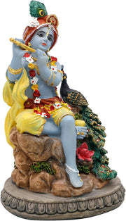 alikiki Hindu God Krishna Statue - 5.5”H India Lord Krishna Idol Play The Flute w/Peacock Murti Item Home Office Temple Mandir Shrine Altar Pooja Decor Diwali Puja Decor Gifts for Indian Friend