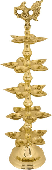 SATVIK 1 Pc Brass Panchmukhi Peacock Kerala Samai Puja Diya Kutthu Vilakku Oil Lamp Pooja 2 Step Diya Engraved Design Deepak Indian Diwali Pooja Home Mandir Office Decor Housewarming Return Gift Items