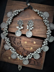 Siddhatva Ethnic Coins Designer Statement Afghani Antique Oxidised Silver Indian Tassel Ghungroo Beads Tribal Gypsy Choker Style Necklace Jewelry Women, Large, Metal, No Gemstone, Large, Metal, No