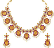 Aheli Beautiful Wedding Wear Indian Laxmi Goddess Faux Stone Studded Floral Design Crafted Necklace Earrings Set Ethnic Fashion Jewelry for Women