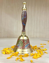 Crafts of India Meenakari Decorative Hand held Jingle Bells for Christmas Pooja Prayer Worship Bell - (7 Inch) - Red