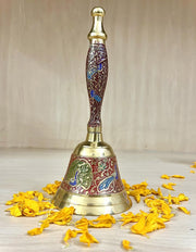 Crafts of India Meenakari Decorative Hand held Jingle Bells for Christmas Pooja Prayer Worship Bell - (7 Inch) - Red