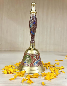 Crafts of India Meenakari Decorative Hand held Jingle Bells for Christmas Pooja Prayer Worship Bell - (7 Inch) - Red