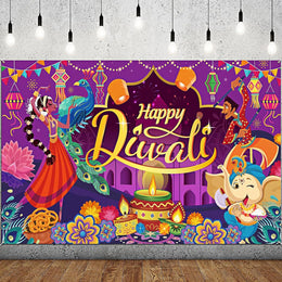 Happy Diwali Party Backdrop, Indian Colorful Festival of Lights Deepavali Decorations, Peacock Candle Photo Booth Background, Hindu Festive Wall Decor 3.1x2.5ft