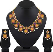 Aheli Beautiful Wedding Wear Indian Laxmi Goddess Faux Stone Studded Floral Design Crafted Necklace Earrings Set Ethnic Fashion Jewelry for Women