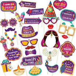DPKOW 30pcs Funny Diwali Photo Booth Props, Deepavali Photo Props for Festival of Lights Party Favor Game, Hindu Party Photobooth Accessories Diwali Party Supplies Decoration, Hat Glasses Tie Mustache