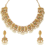 Aheli Beautiful Wedding Wear Indian Laxmi Goddess Faux Stone Studded Floral Design Crafted Necklace Earrings Set Ethnic Fashion Jewelry for Women