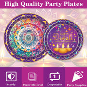 96 Pcs Happy Diwali Decoration for Home, Purple Diwali Disposable Plates Napkins forks Set for 24 Guests, Hindu Dinner Plate and Napkin Set Festival Party Decoration Supplies