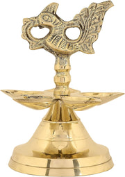 SATVIK 1 Pc Brass Panchmukhi Peacock Kerala Samai Puja Diya Kutthu Vilakku Oil Lamp Pooja 2 Step Diya Engraved Design Deepak Indian Diwali Pooja Home Mandir Office Decor Housewarming Return Gift Items