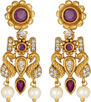 Aheli Beautiful Wedding Wear Indian Laxmi Goddess Faux Stone Studded Floral Design Crafted Necklace Earrings Set Ethnic Fashion Jewelry for Women