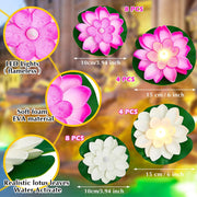 Liliful 24 Pcs Diwali Lotus Decoration Pool Floating Lights, Artificial Flowers Lotus with LED,Lily Pads Water Lantern for Indian Puja Home Decoration(3.94 Inch, 5.91 Inch,White)