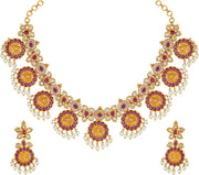 Aheli Beautiful Wedding Wear Indian Laxmi Goddess Faux Stone Studded Floral Design Crafted Necklace Earrings Set Ethnic Fashion Jewelry for Women