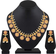 Aheli Beautiful Wedding Wear Indian Laxmi Goddess Faux Stone Studded Floral Design Crafted Necklace Earrings Set Ethnic Fashion Jewelry for Women