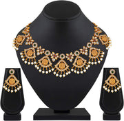 Aheli Beautiful Wedding Wear Indian Laxmi Goddess Faux Stone Studded Floral Design Crafted Necklace Earrings Set Ethnic Fashion Jewelry for Women