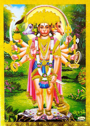 Crafts of India Panchmukhi Hanuman Poster/Reprint Hindu God Picture with Golden Foil (Unframed : Size 5