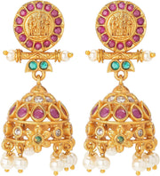 Aheli Beautiful Wedding Wear Indian Laxmi Goddess Faux Stone Studded Floral Design Crafted Necklace Earrings Set Ethnic Fashion Jewelry for Women