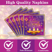 96 Pcs Happy Diwali Decoration for Home, Purple Diwali Disposable Plates Napkins forks Set for 24 Guests, Hindu Dinner Plate and Napkin Set Festival Party Decoration Supplies