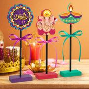 3 Pcs Happy Diwali Table Decorations Indian Festival of Lights Wooden Signs for Hindu Deepavali Party Decor (Diwali)