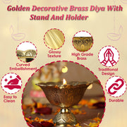 Handmade Brass Lotus Akand Diya - Traditional Indian Festive Diwali Pooja Lamp & Home Temple Decoration - Engraved Golden Oil Lamp - Perfect for Thanksgiving - Pack of 2 (2.50 INCH)