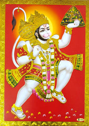 Crafts of India Lord hanuman carring Sanjivini Mountain Poster/Reprint Hindu God Picture with Golden Foil (Unframed : Size 5