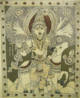 Crafts of India Lord Krishna with Cow Hindu God Ethnic colorful Handmade Kalamkari Painting- 22