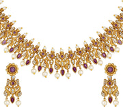 Aheli Beautiful Wedding Wear Indian Laxmi Goddess Faux Stone Studded Floral Design Crafted Necklace Earrings Set Ethnic Fashion Jewelry for Women