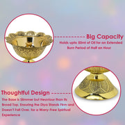 Handmade Brass Lotus Akand Diya - Traditional Indian Festive Diwali Pooja Lamp & Home Temple Decoration - Engraved Golden Oil Lamp - Perfect for Thanksgiving - Pack of 2 (2.50 INCH)
