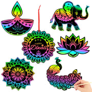 JULMELON 36 PCS Diwali Crafts, Rainbow Scratch Art DIY Scratch Paper Cards Magic Color Diwali Gifts Arts and Craft Kits Bulk Happy Diwali Party Favors School Activities Games