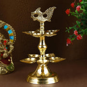 SATVIK 1 Pc Brass Panchmukhi Peacock Kerala Samai Puja Diya Kutthu Vilakku Oil Lamp Pooja 2 Step Diya Engraved Design Deepak Indian Diwali Pooja Home Mandir Office Decor Housewarming Return Gift Items