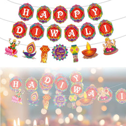 Happy Diwali Banners Hanging Decorations Deepavali Pennants Backdrop Indian Festival of Lights Photo Props Hindu Party Banner Garlands for Home Diwali Party Supplies