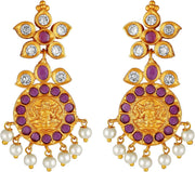 Aheli Beautiful Wedding Wear Indian Laxmi Goddess Faux Stone Studded Floral Design Crafted Necklace Earrings Set Ethnic Fashion Jewelry for Women