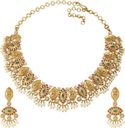 Aheli Beautiful Wedding Wear Indian Laxmi Goddess Faux Stone Studded Floral Design Crafted Necklace Earrings Set Ethnic Fashion Jewelry for Women