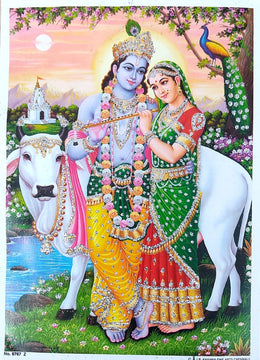 Crafts of India Radha Krishna Poster/Reprint Hindu God Picture with Golden Foil (Unframed : Size 5
