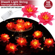 Diwali String Lights Lotus Flower Diya LED Diwali Pooja Item Indian Home Office Mandir Puja Decor 10 Sleeping Lotus Per String Fairy Lights Battery Operated for Indoor Outdoor Diya Party Home Window