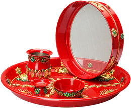 karwachauth pooja Thali with Kalash Plate Decorative Puja Thali with Essential Pooja Articles for Aarti Pooja Rituals Navratri Festival For Indian Traditional Decoration(Thali Size-10