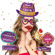 DPKOW 30pcs Funny Diwali Photo Booth Props, Deepavali Photo Props for Festival of Lights Party Favor Game, Hindu Party Photobooth Accessories Diwali Party Supplies Decoration, Hat Glasses Tie Mustache