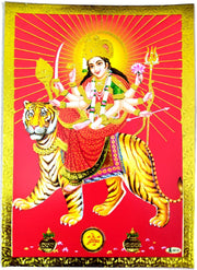 Crafts of India Goddess Durga Poster/Reprint Hindu Goddess Picture with Golden Foil (Unframed : Size 5