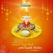 Home Genie Ganesh Tealight Candle Holder with Decorative Pooja Thali | Yellow Base Festival Plate for Diwali, Home Temple, Gift Decor | 10.5x3.5x9.5 cm | 240g | Ethnic Art Spiritual Idol Plate