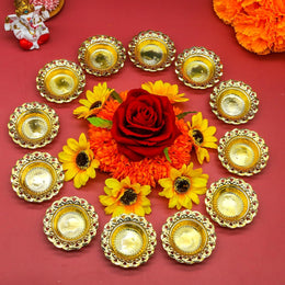 Golden Metal Diya for Diwali – Reusable Deya Oil Lamps for Indians Home Temple Mandir Altar Pooja Decoration Wedding Housewarming Puja Item Hindu Urli Bowl Diyas for Indian Festivals Gifts (12 Pcs)