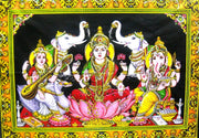 Crafts of India Lakshmi Ganesha Saraswati Batik Cotton Wall Hanging Sequins Tapestry : Size 43