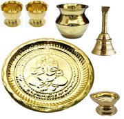 Tarini Gallery Pooja Thali Set with Essential Pooja Articles for Rituals Festivals Home Temple Office Wedding and Gifting (Brass Thali Set Size-7