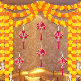 11 Pcs Diwali Decoration 5 Pcs 4.92 ft Marigold Garland Decoration with String Light 6 Lotus Hanging Ornament Indian Decor for Pooja Artificial Marigold Garlands for Wedding Home Temple Party Decor
