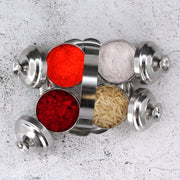 Kumkum Holder Karanda Stainless Steel Pooja Kumkum Rice Roli Haldi Bowl Dibbi with Handle for Hindu Puja Item Ritual Chowmukh Indian Wedding Mandir Temple Gift