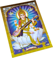Crafts of India Goddess Saraswati Poster/Reprint Hindu Goddess Picture with Golden Foil (Unframed : Size 5