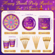 350 Pcs Happy Diwali Party Supplies India Festival of Lights Disposable Tableware Include Paper Plates Cups Napkins Knives Forks and Spoons for Diwali Indian Deepawali Hindu Party Decoration