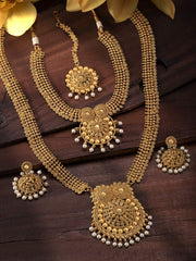 Aheli Wedding Wear Gold Tone Goddess Engraved on Coin Long Necklace Set South Indian Traditional Bollywood Fashion Jewelry Set for Women