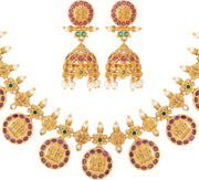 Aheli Beautiful Wedding Wear Indian Laxmi Goddess Faux Stone Studded Floral Design Crafted Necklace Earrings Set Ethnic Fashion Jewelry for Women