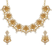 Aheli Beautiful Wedding Wear Indian Laxmi Goddess Faux Stone Studded Floral Design Crafted Necklace Earrings Set Ethnic Fashion Jewelry for Women